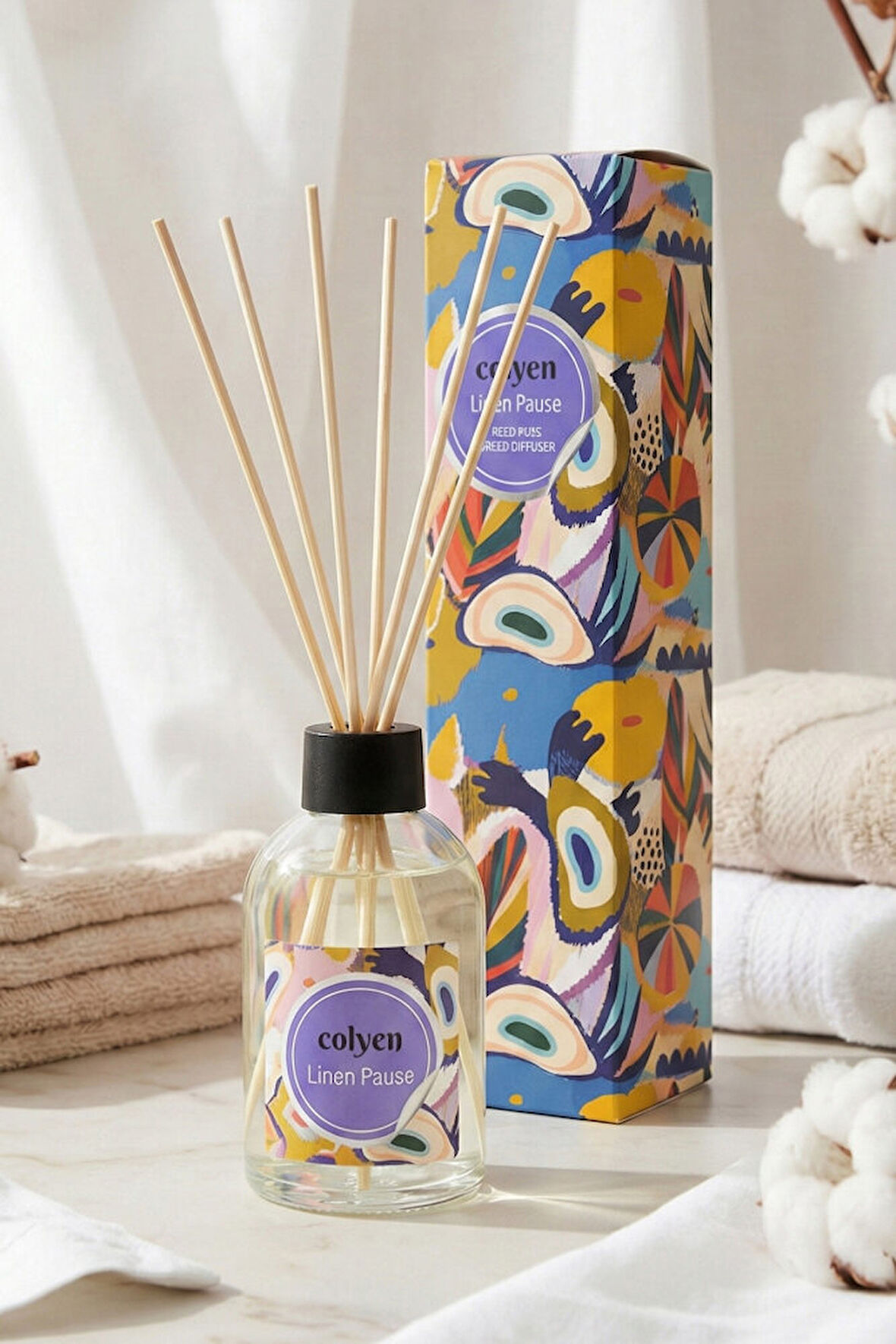 Colyen Linen Pause Çubuklu Oda Kokusu – Dekoratif Cam Şişe ve Bambu Çubuklarla Şık Tasarım