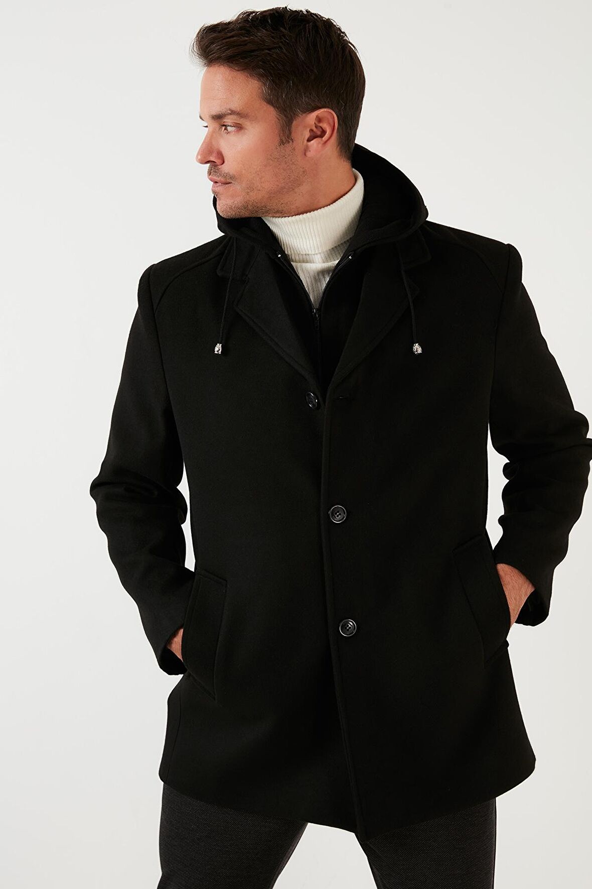 Buratti Çıkarılabilir Kapüşonlu Kırçıllı Slim Fit Kaşe Kaban Erkek KABAN 5841013