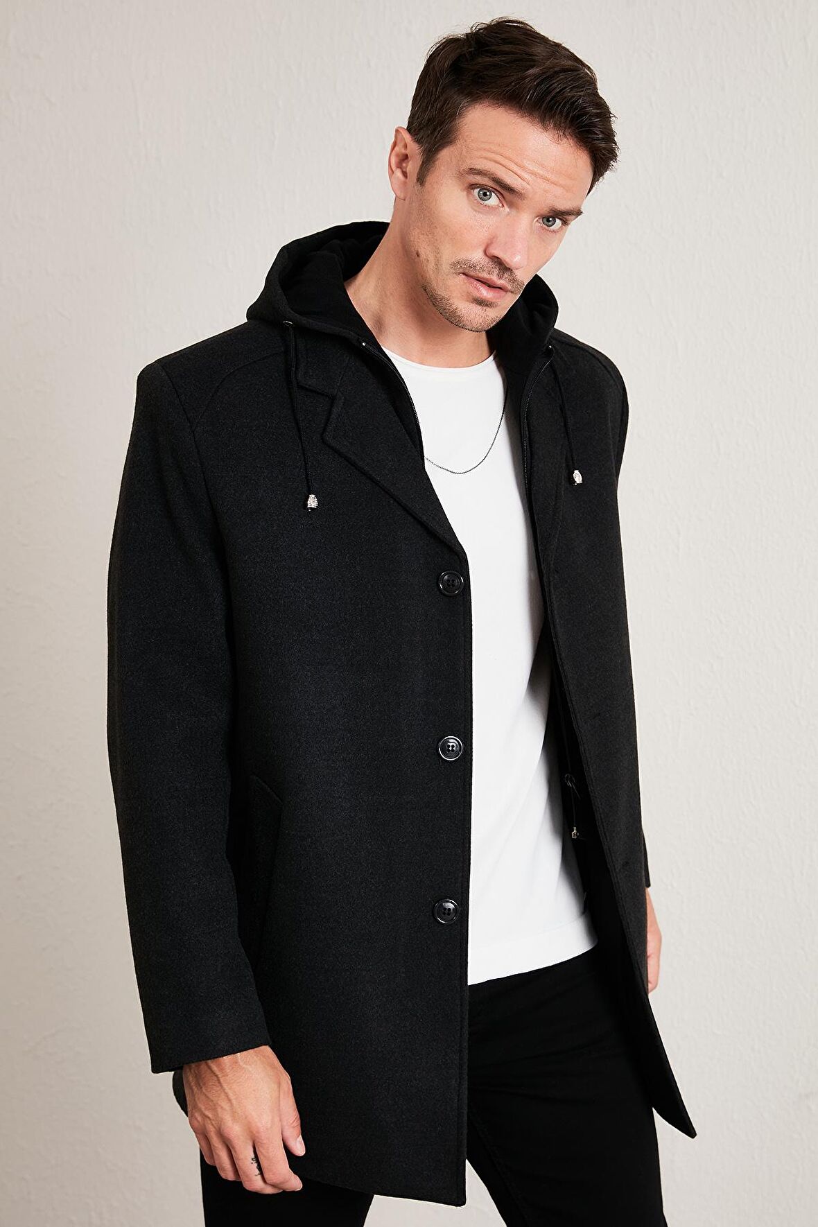 Buratti Çıkarılabilir Kapüşonlu Kırçıllı Slim Fit Kaşe Kaban Erkek KABAN 5841013