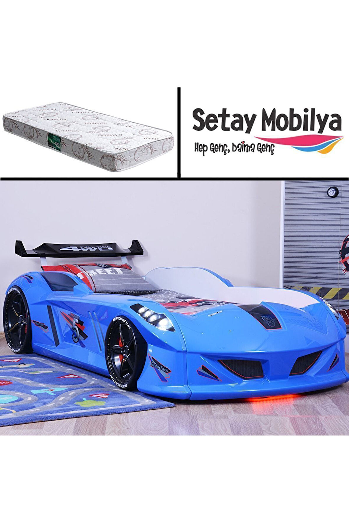 Arabalı Yatak, Jaguar Rüzgarlıklı Arabalı Yatak - Mavi 1 Adet Comfort Yatak