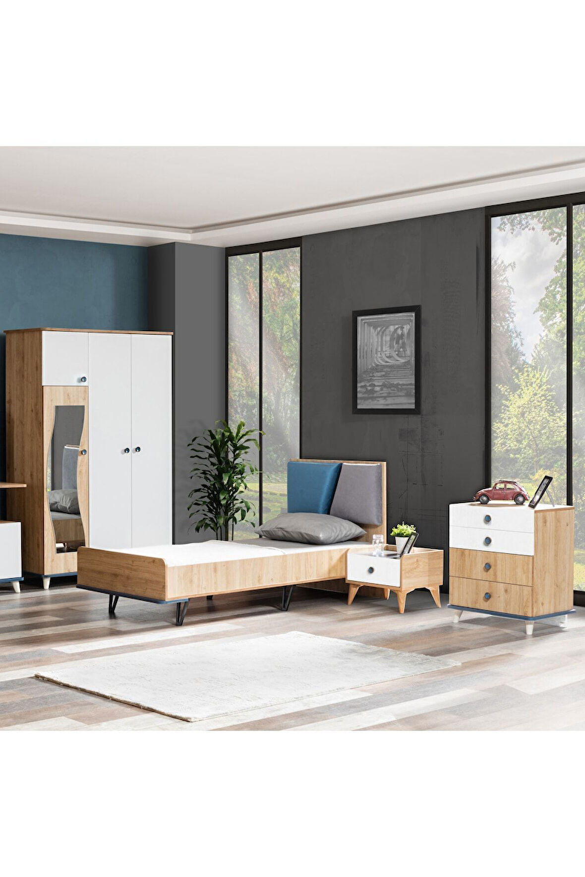 Lotus Genç Odası - 3 Kapılı Dolap, Karyola, Komodin, Şifonyer