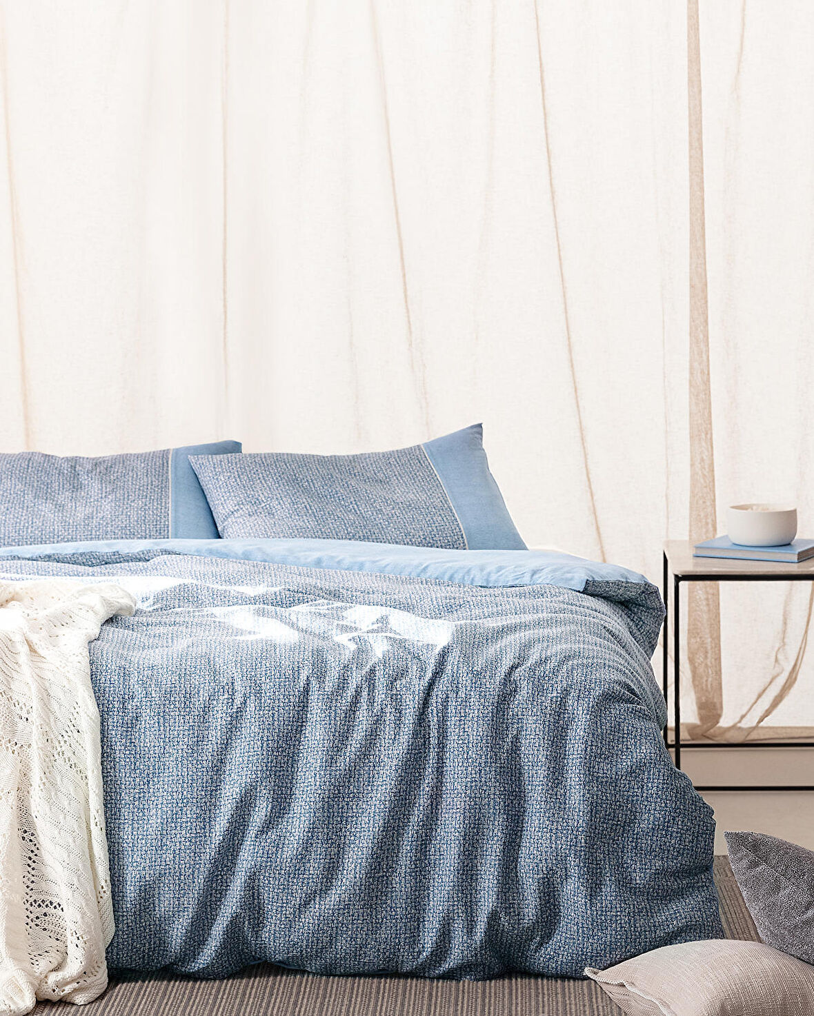 Madame Coco Orpen King Size %100 Pamuk Madame Coco Crep Baskılı Nevresim Takımı - Mavi