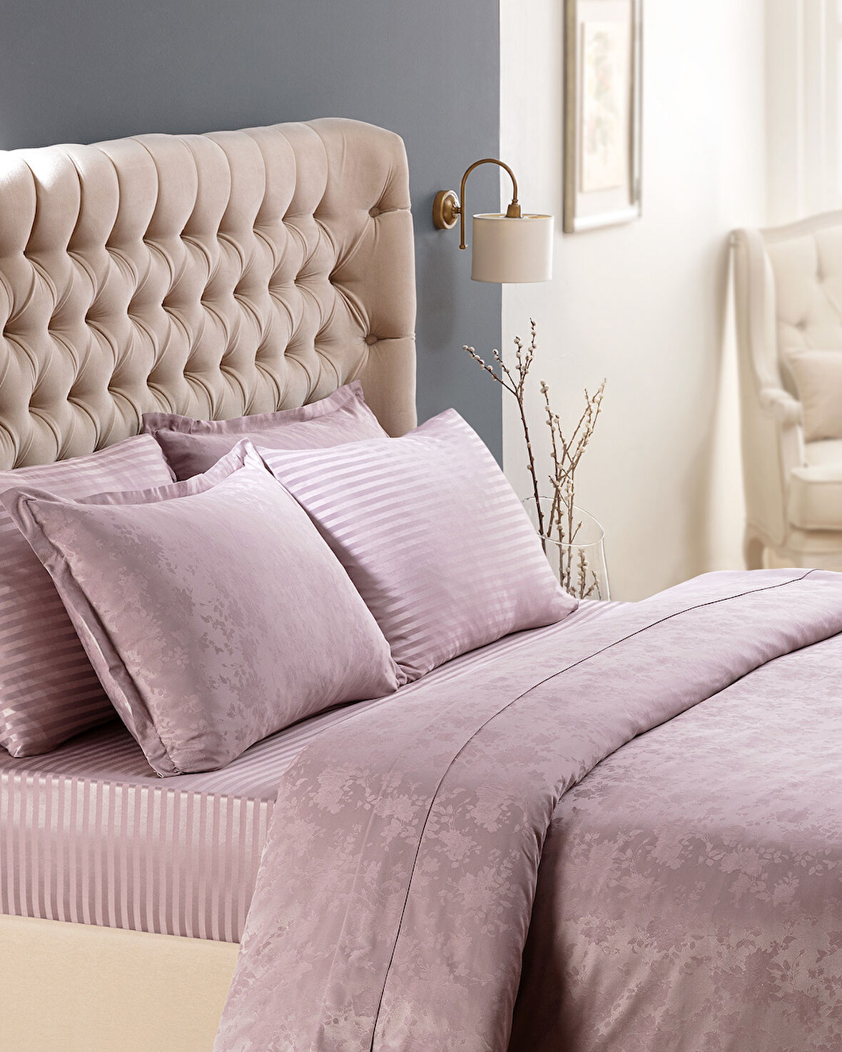 Eze King Size Jakarlı Saten Nevresim Takımı - Açık Mürdüm