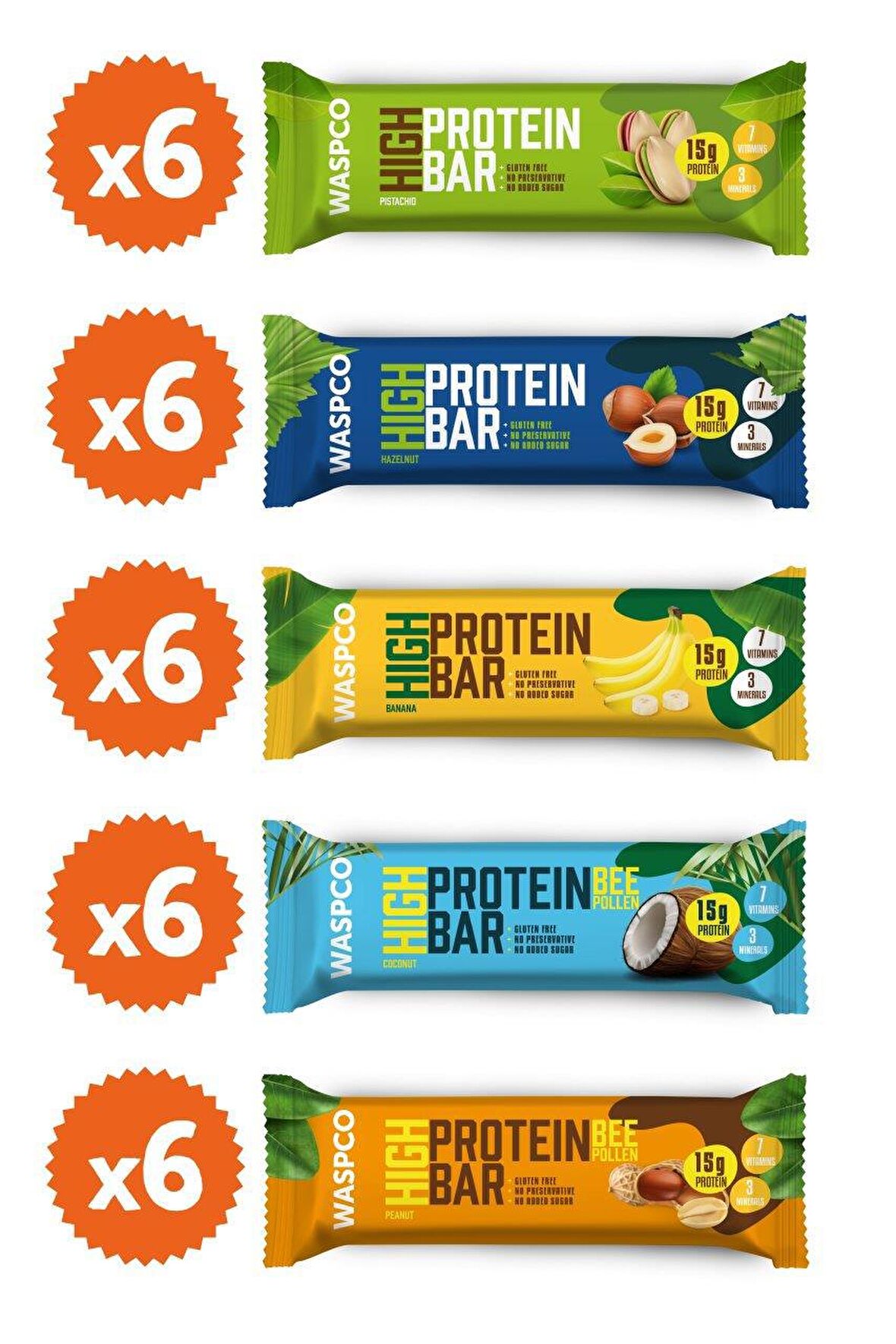 WaspCo Yüksek Protein Bar Karma Set 50g 6X5 Çeşit 30 Adet