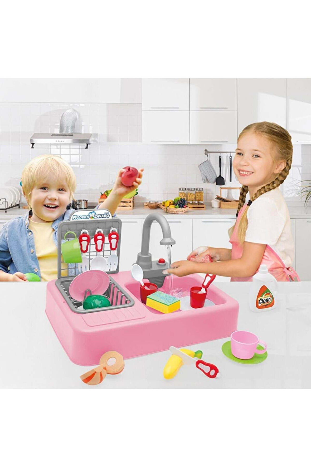 Pilli Modern Akan Musluklu Çeşmeli Lavabo Mutfak Seti Oyuncak