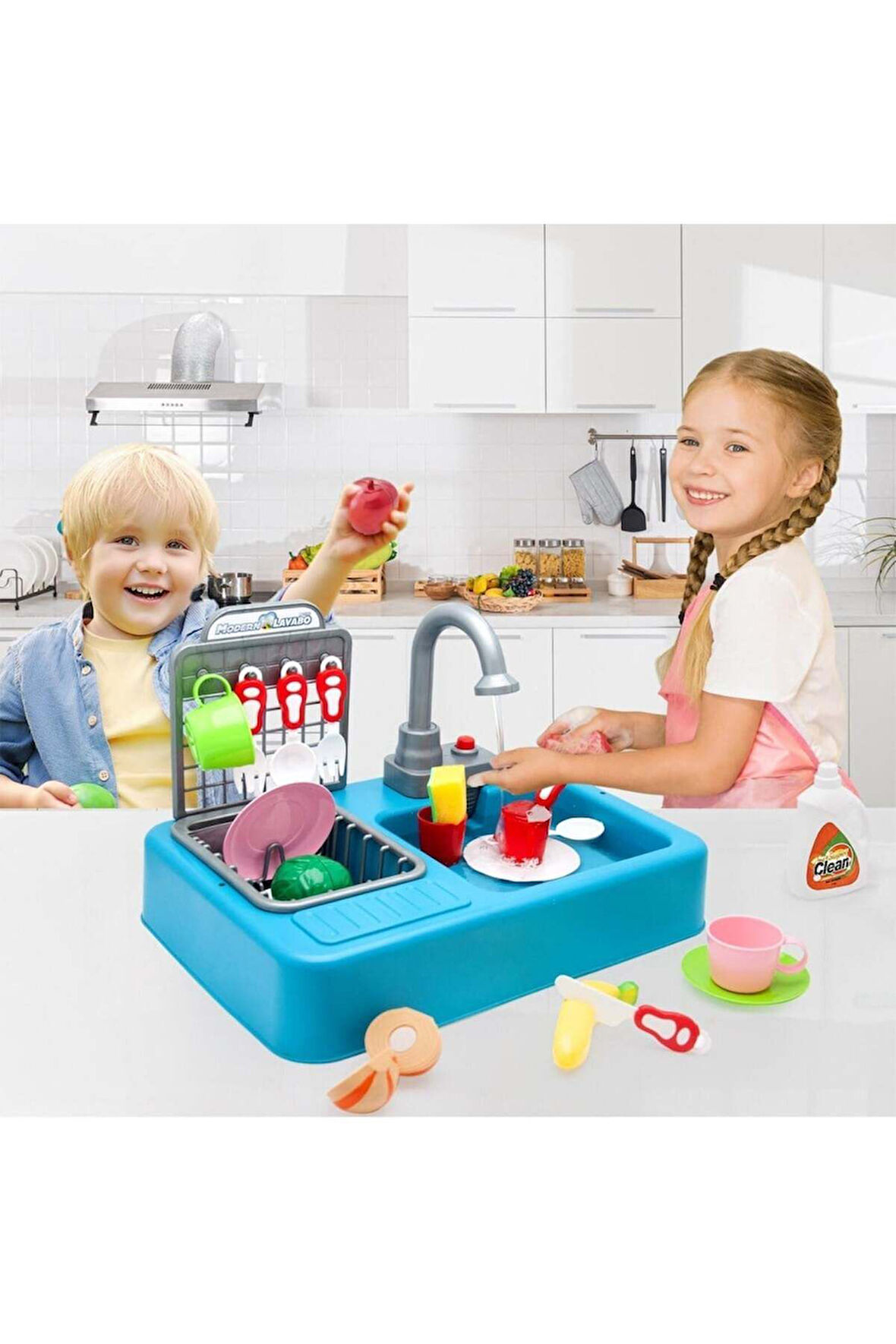 Pilli Modern Akan Musluklu Çeşmeli Lavabo Mutfak Seti Oyuncak