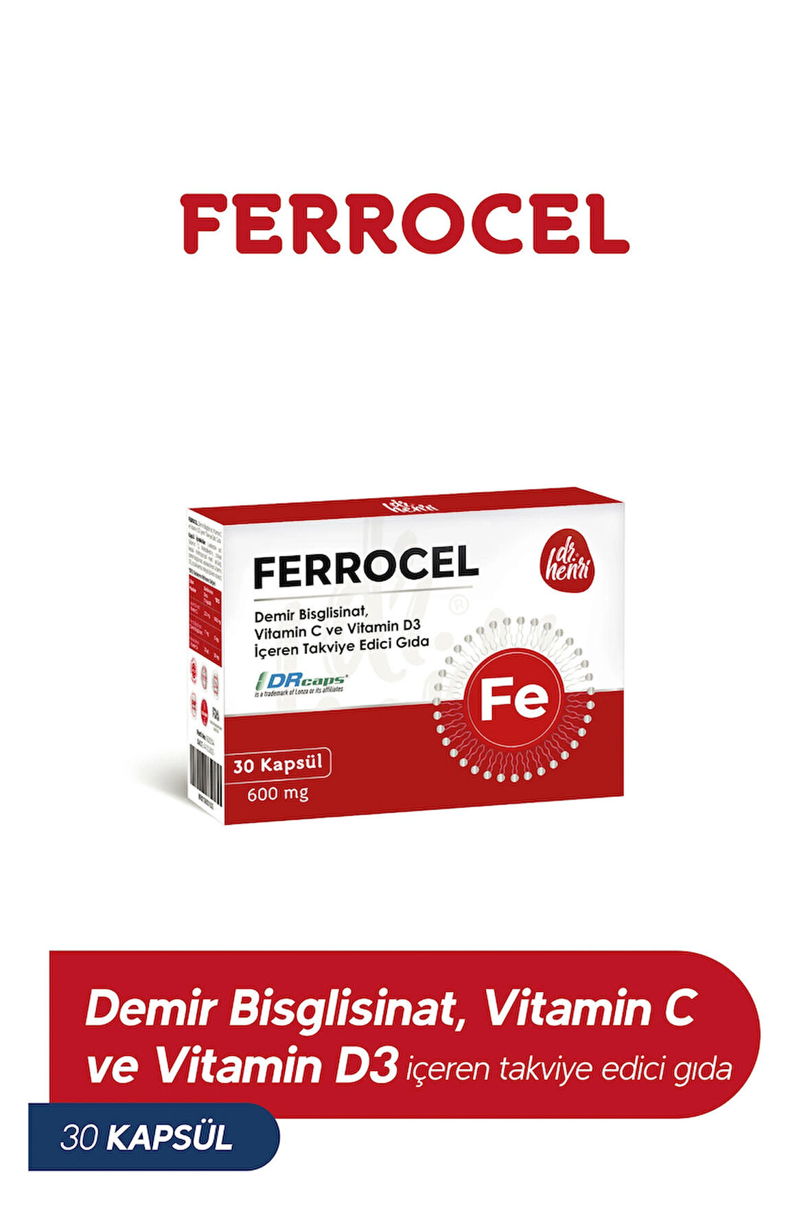 Ferrocel 30 Kapsül Demir, Vitamin C Ve D3 Içeren Takviye Edici Gıda