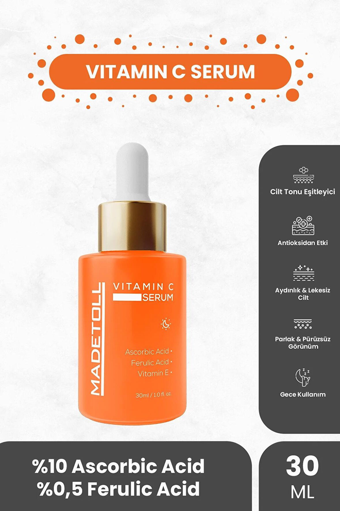 Madetoll Vitamin C Serum 30 ml Aydınlatıcı Ve Cilt Tonu Eşitleyici Ascorbic Acid Ferulic Acid E Vitamini