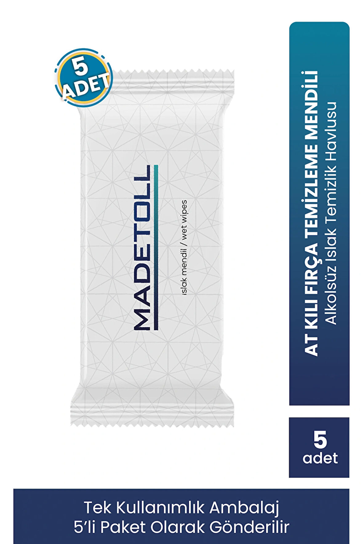 Madetoll Tekli Islak Mendil 5'li Paket- At Kılı Fırça Temizleme Mendili- Alkolsüz Islak Temizlik Havlusu