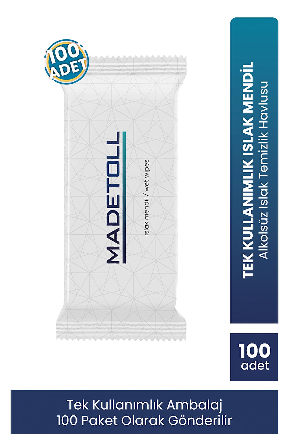 Madetoll Tekli Islak Mendil 100'lü Paket - Alkolsüz Cilt Temizleyici Tüm Vücut Islak Temizlik Havlusu