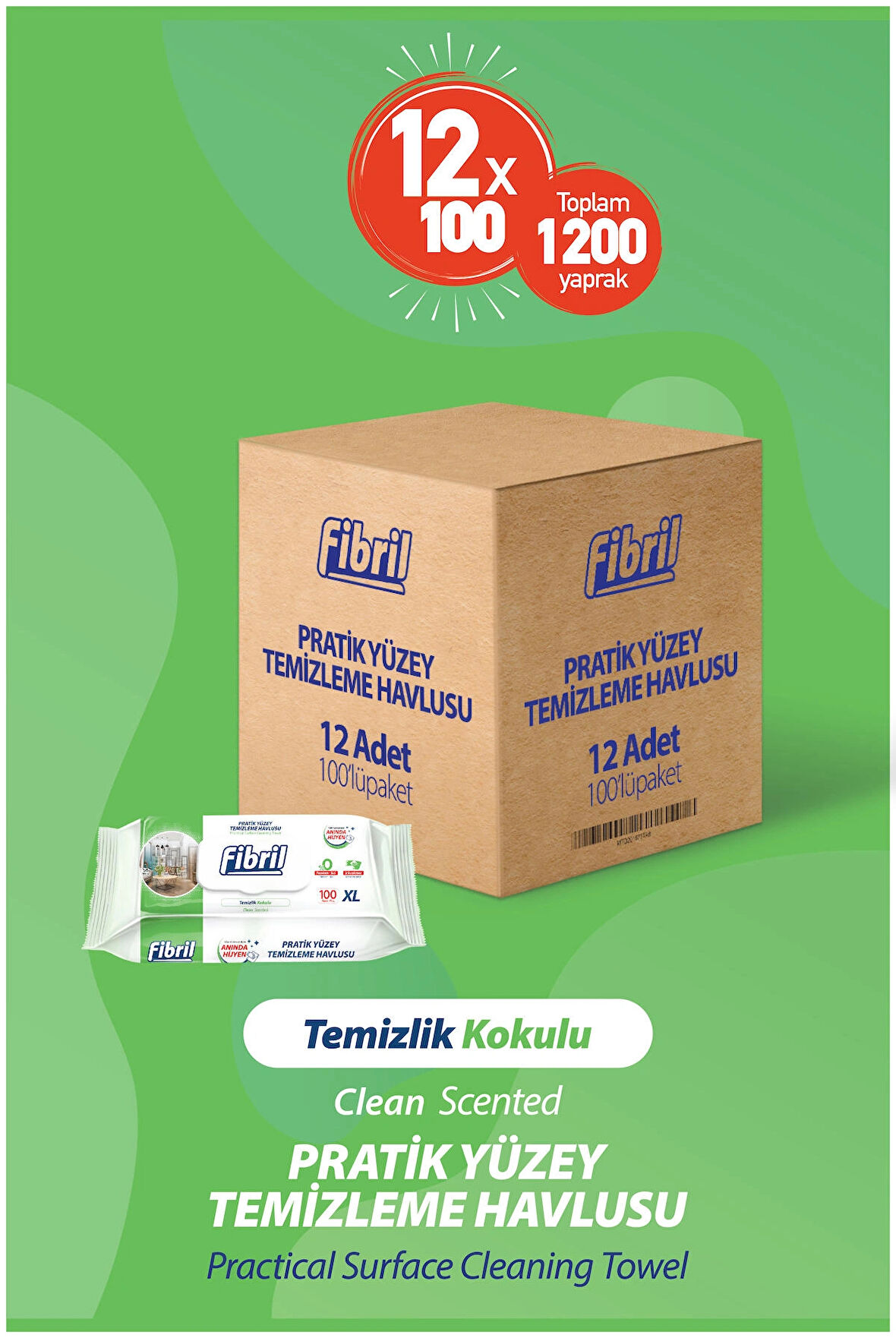 Pratik Yüzey Temizlik Havlusu Temizlik Çam Kokulu 12 X 100 (TOPLAM 1200 YAPRAK)