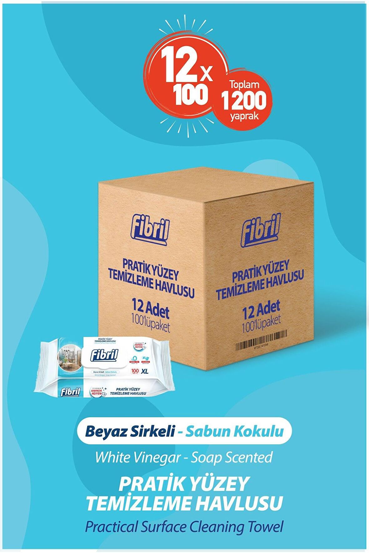 Pratik Yüzey Temizlik Havlusu Beyaz Sirkeli Sabun Kokulu 12 X 100 (TOPLAM 1200 YAPRAK)