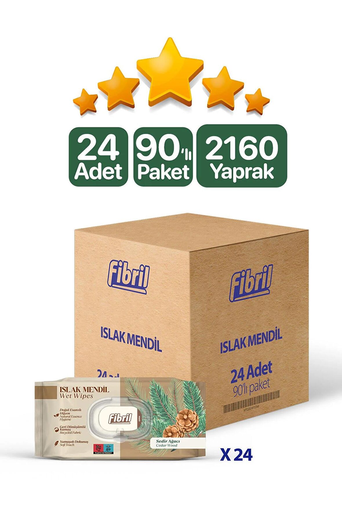 Sedir Ağacı Kokulu Islak Mendil 24x90 Lı Paket 2160 Yaprak Doğal Esans , Geri Dönüştürülebilir Kumaş