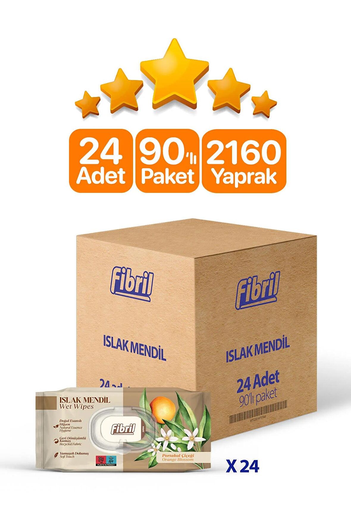 Portakal Çiçeği Kokulu Islak Mendil 24x90 Pk 2160 Yaprak Doğal Esans , Geri Dönüştürülebilir Kumaş