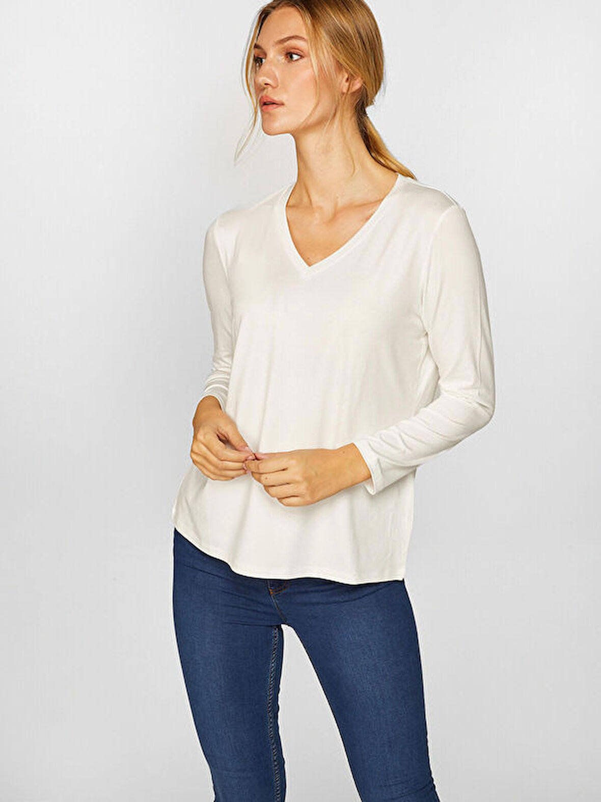 V Yaka Uzun Kol T-Shirt 00012