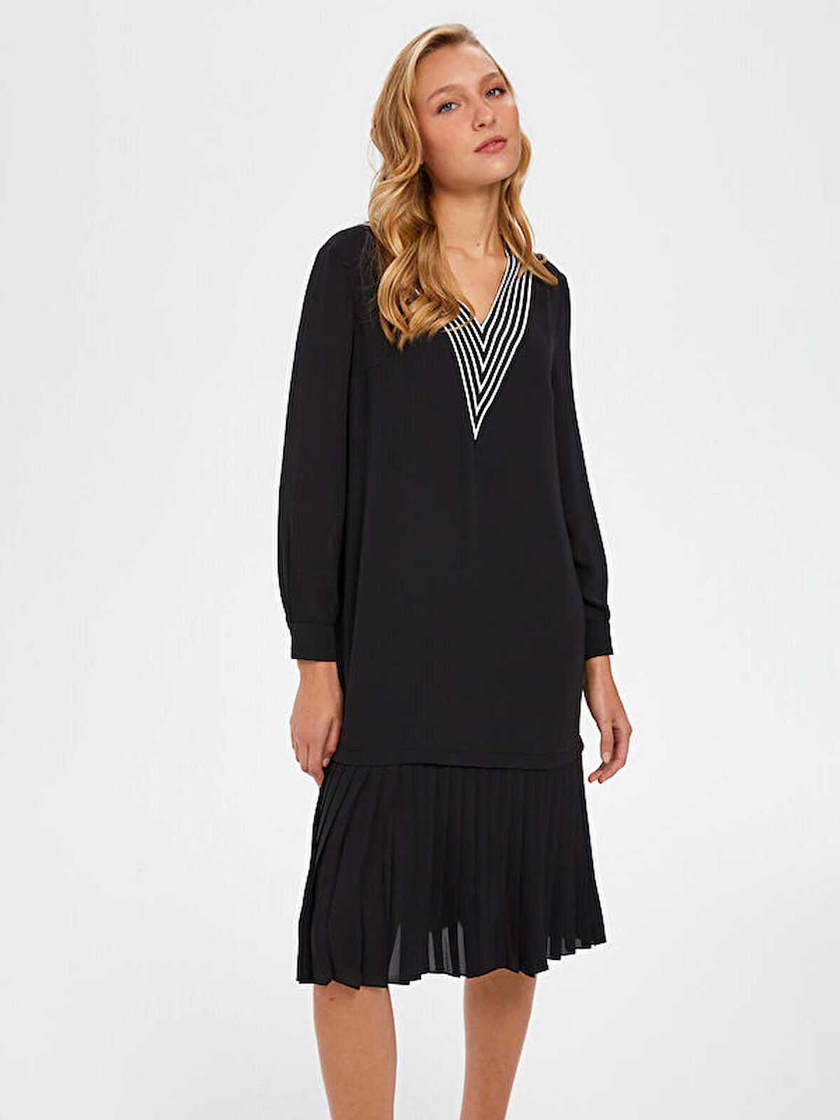 Çizgili Desen Eteği Piliseli Elbise 66309