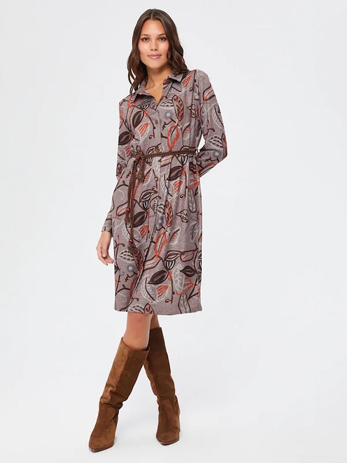 Yaprak Desenli Örme Gömlek Elbise 67233