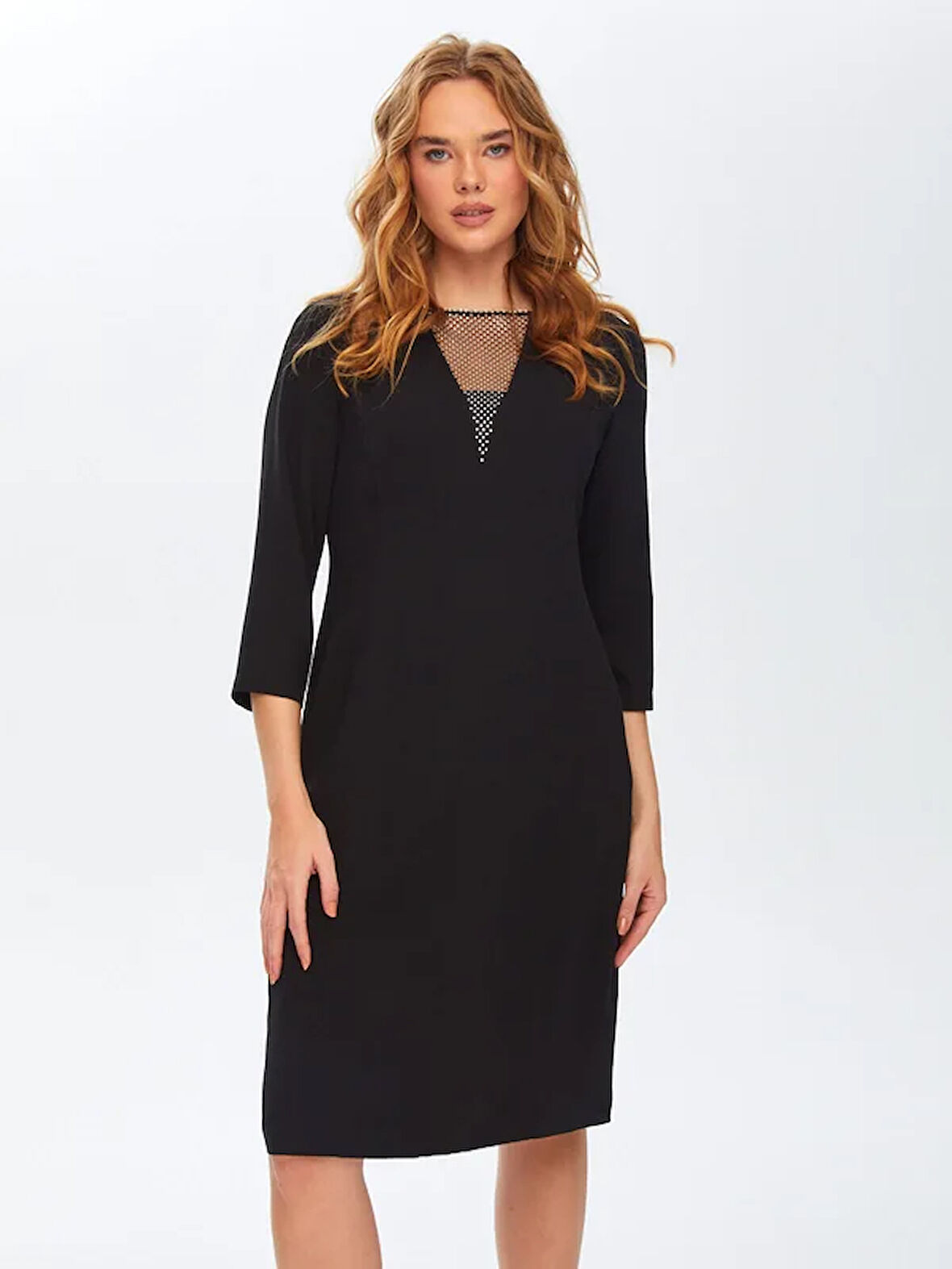 Yakası Taş İlemeli 3/4 Kol Abiye Elbise 69101