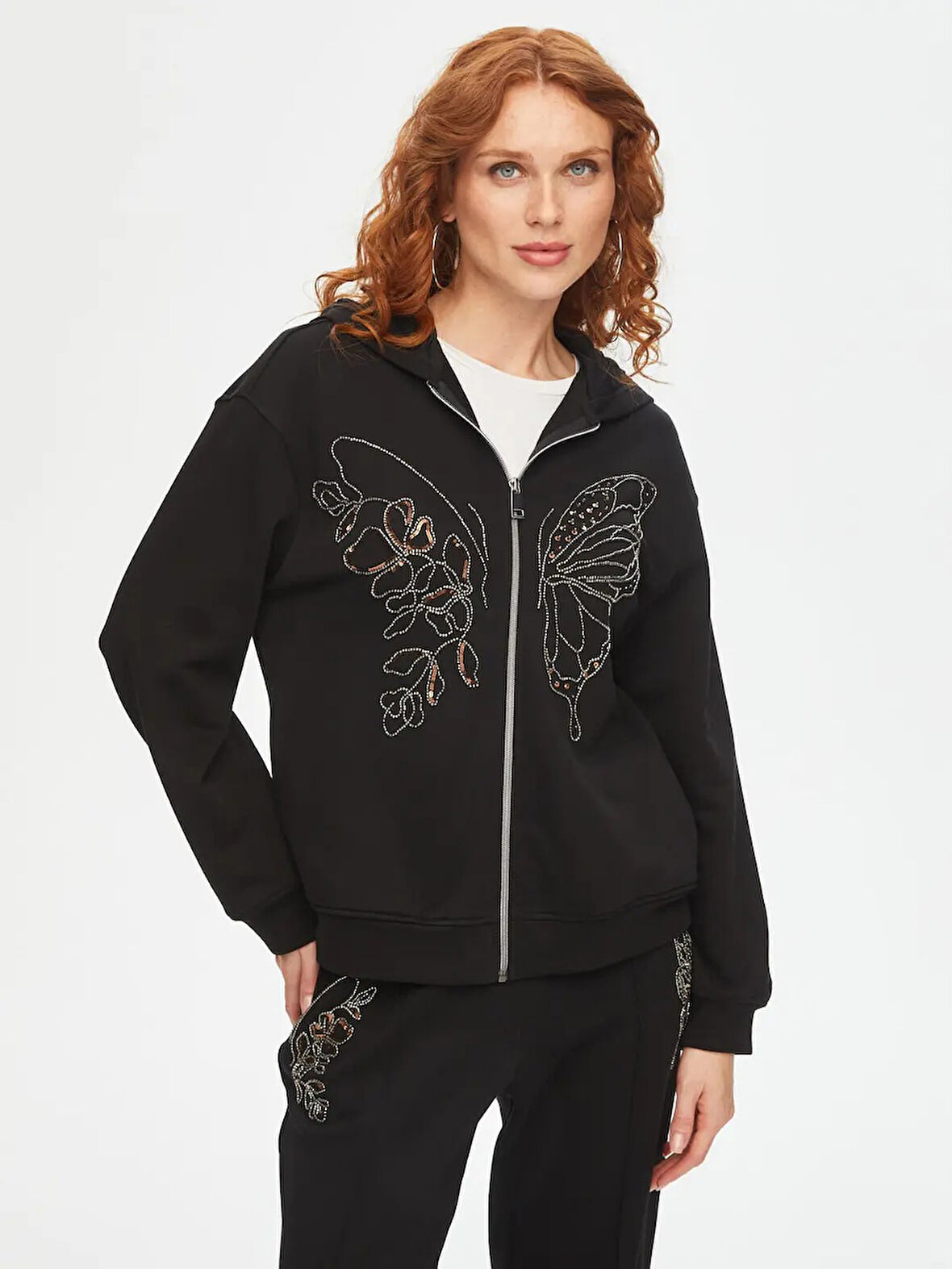 Faik Sönmez Boncuk Kelebek Nakışlı Kapüşonlu Kadın Eşofman Üstü 69273