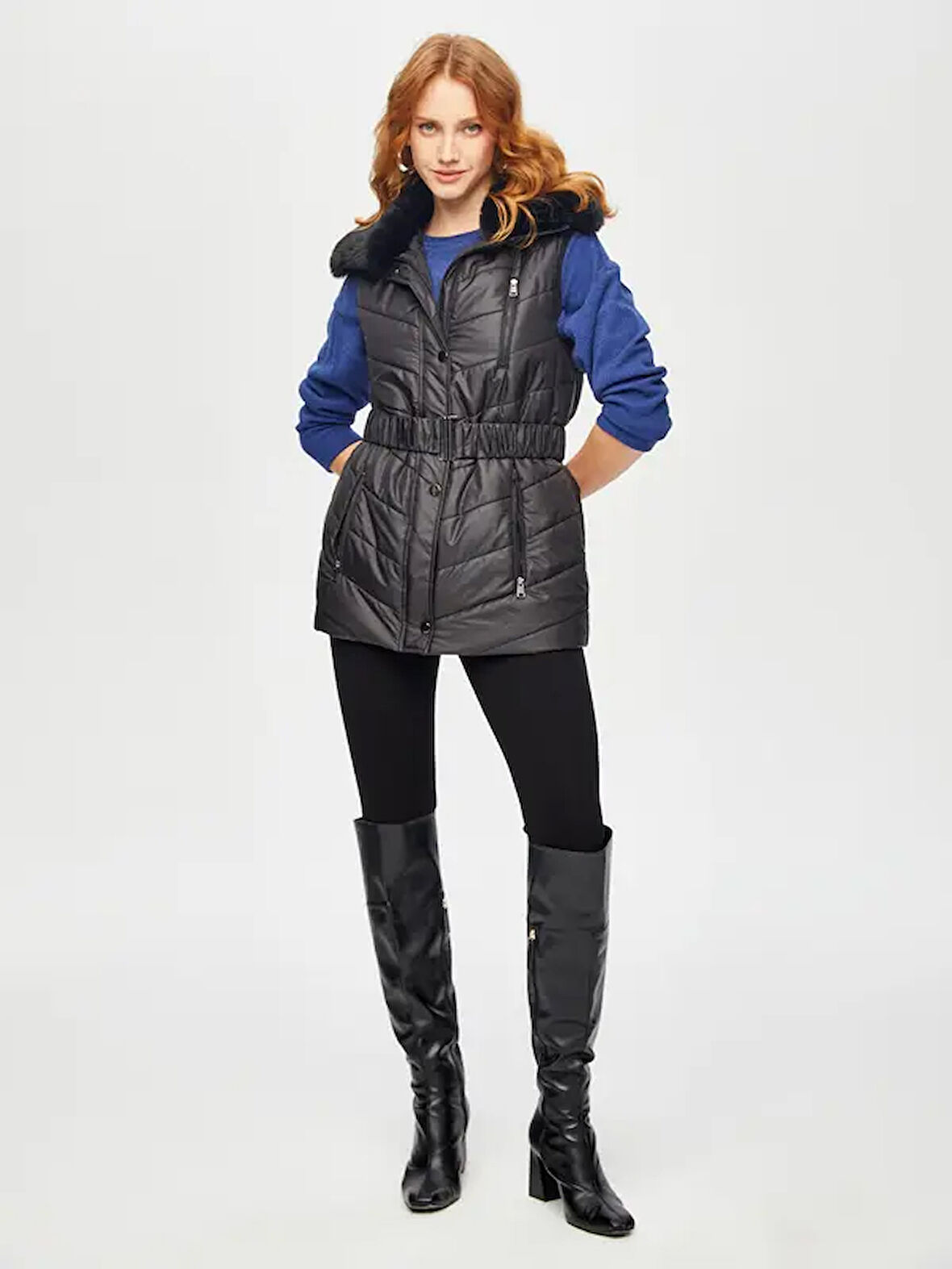 Kemerli Kapüşonlu Uzun Kapitone Yelek 69455