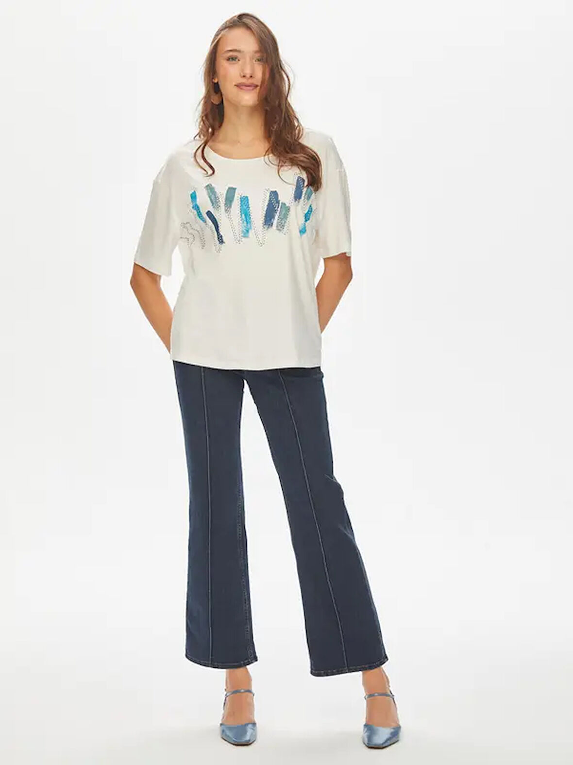 Baskı Ve Punto Nakış Detaylı Yuvarlak Yaka T-Shirt 69593