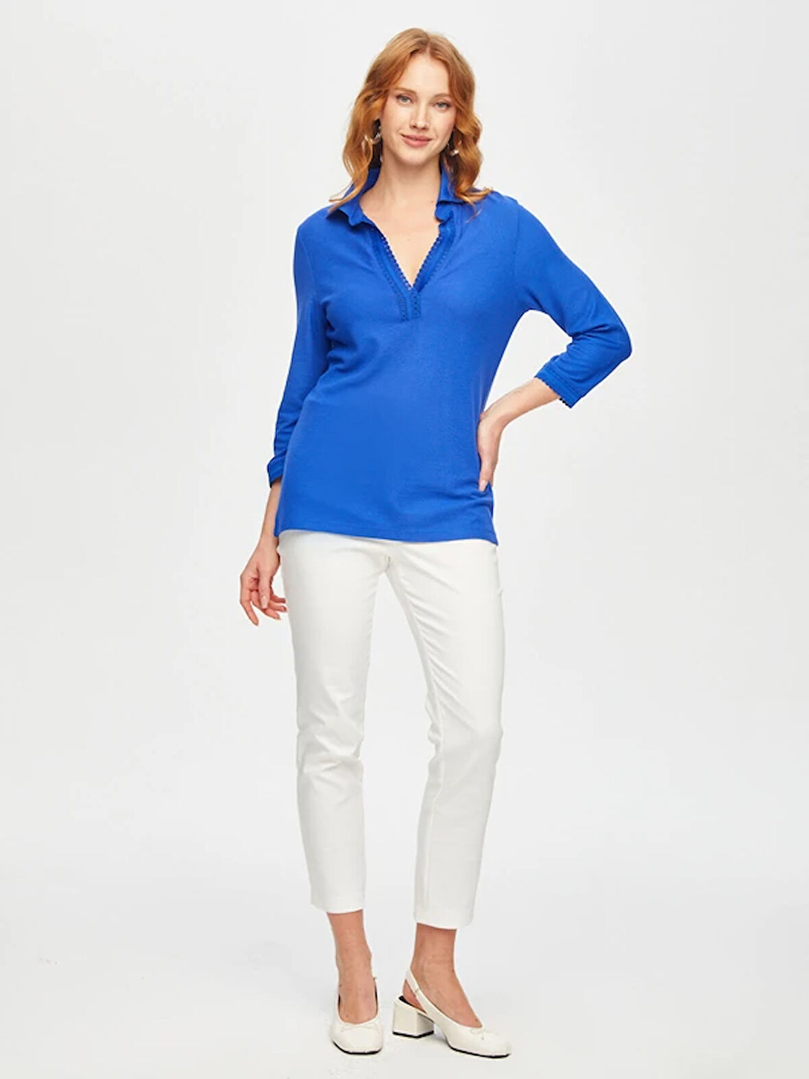 Triko Garnili Polo Yaka Örme Bluz 69148