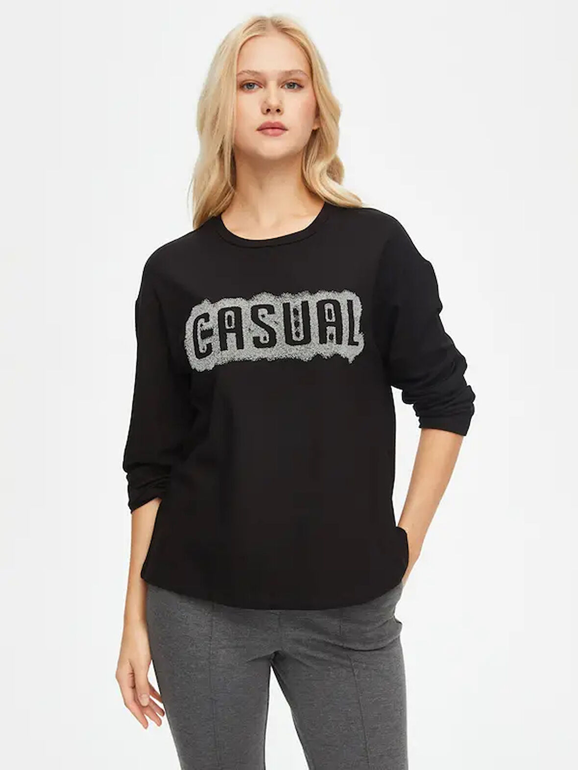 Slogan Baskılı Yuvarlak Yaka Uzun Kol T-shirt 69580