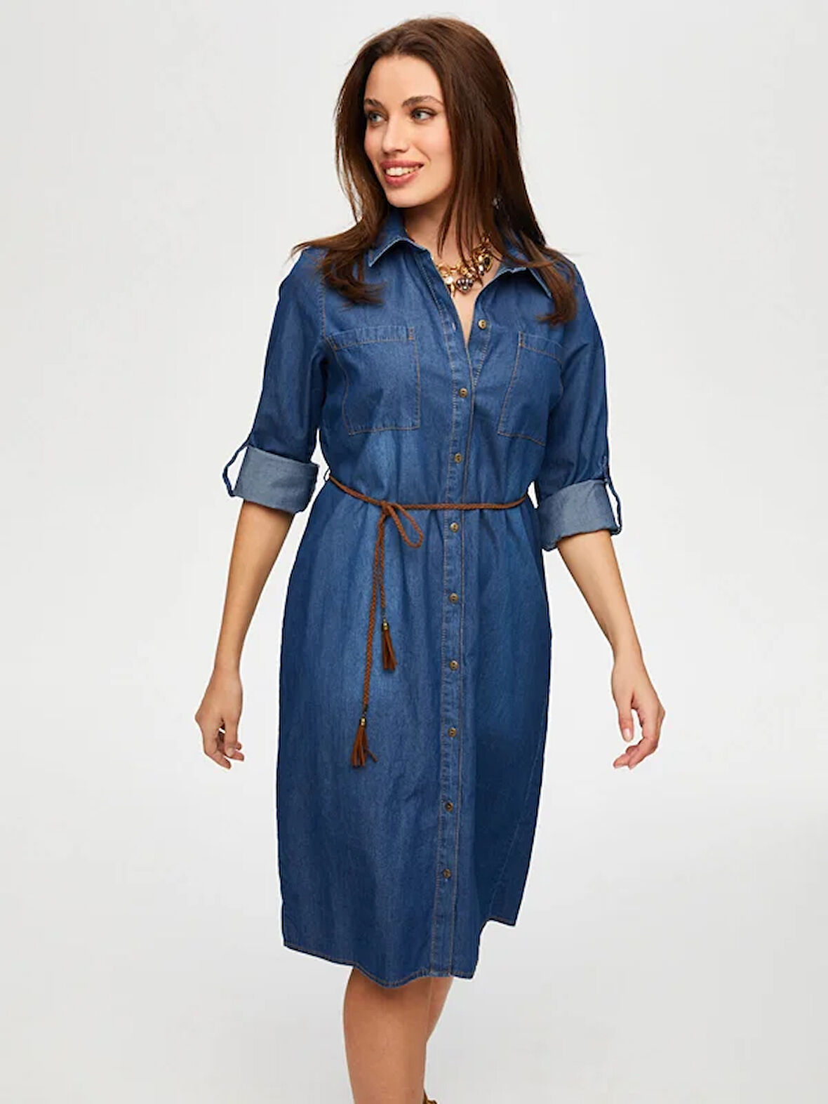 Beli Kemerli Gömlek Yaka Jean Elbise B00069-1