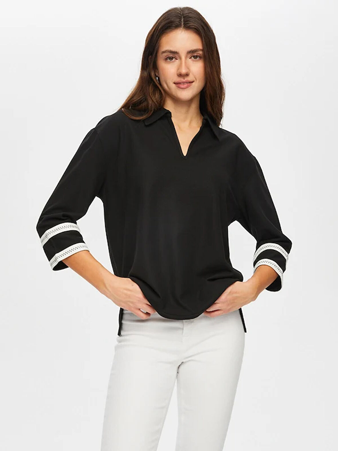 Zigzag Şeritli Polo Yaka Örme Bluz 004