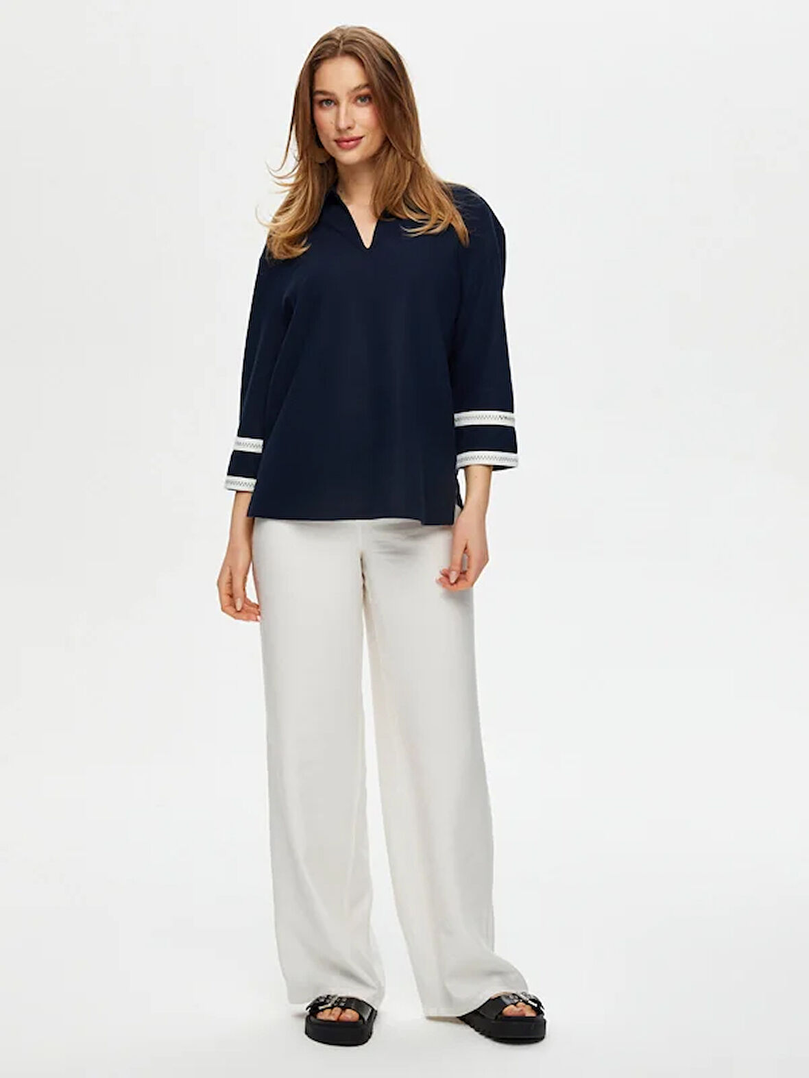Zigzag Şeritli Polo Yaka Örme Bluz S25BLZ004