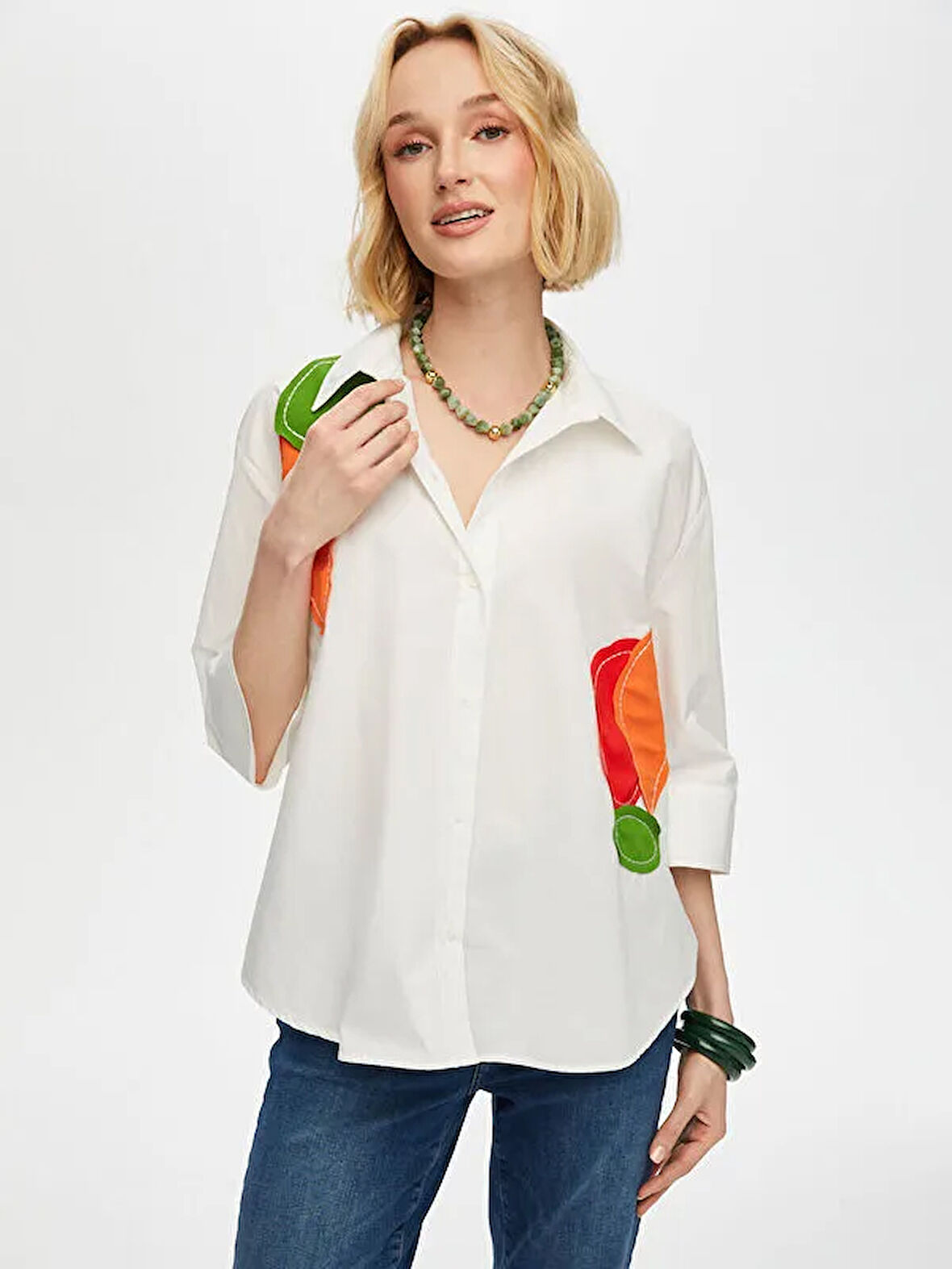 Renkli Patch Detaylı 3/4 Kol Poplin Gömlek S25GML029