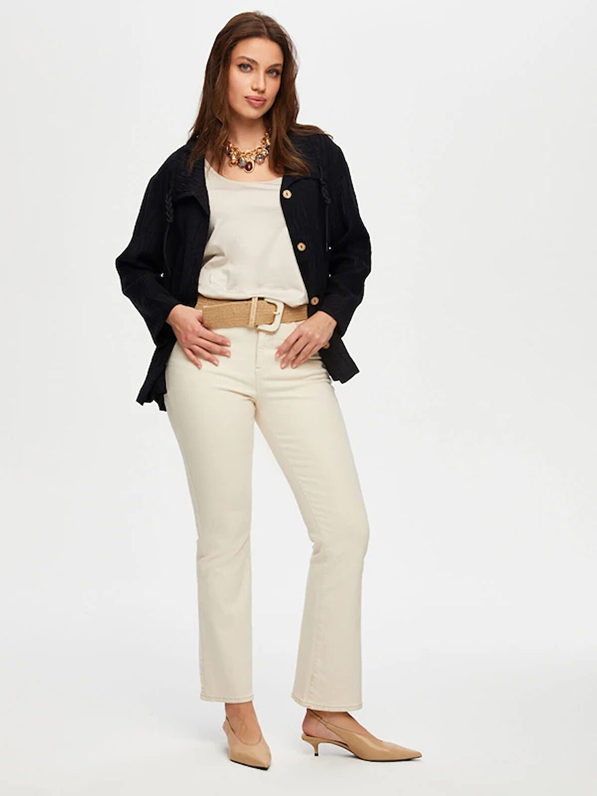 Kendinden Yaprak Desen Dokulu Rahat Form Ceket S25CKT013