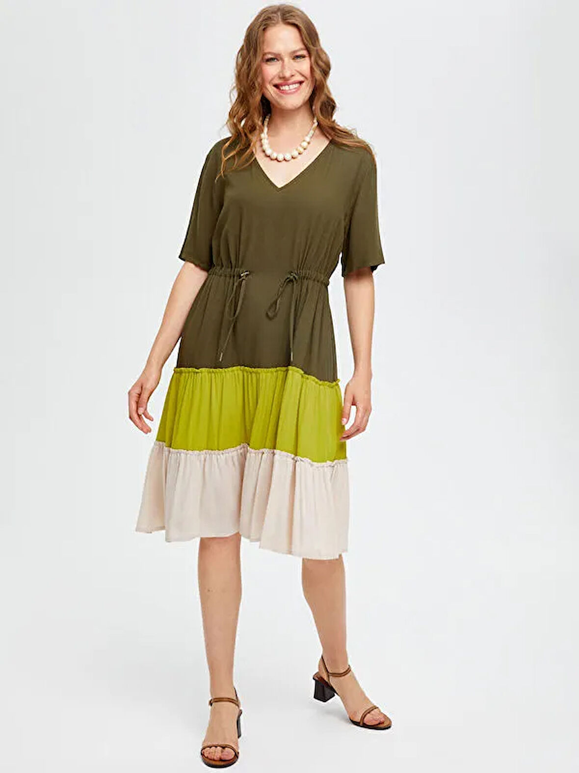 Renk Bloklu Parçalı Etekli Viskon Elbise S25ELB020