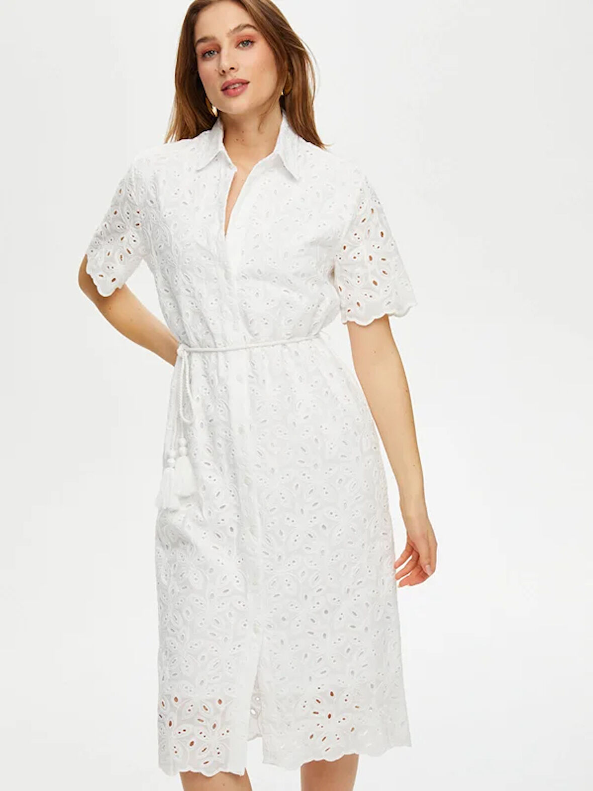 Kemer Detaylı Brode Nakışlı Gömlek Elbise S25ELB023