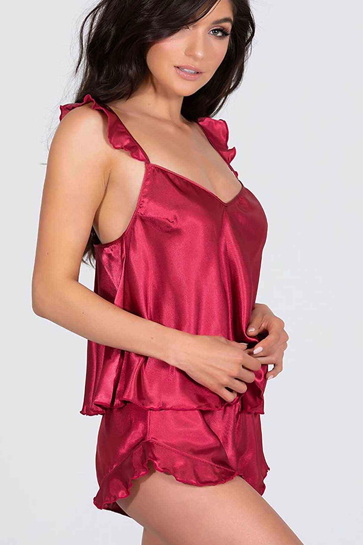 Merry See Saten Şortlu Pijama Takım Kırmızı