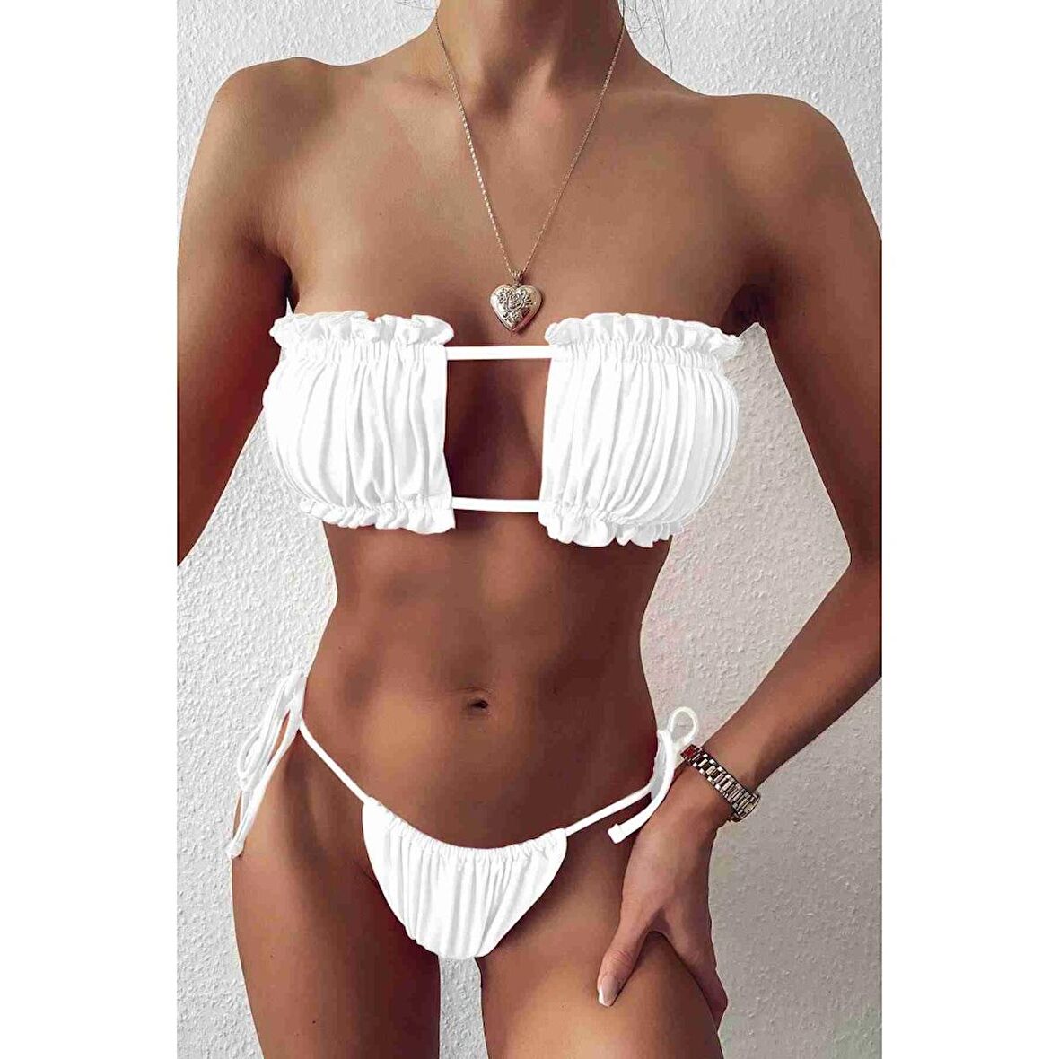 Angelsin Brezilya Model Büzgülü Bağlamalı Bikini üst Beyaz