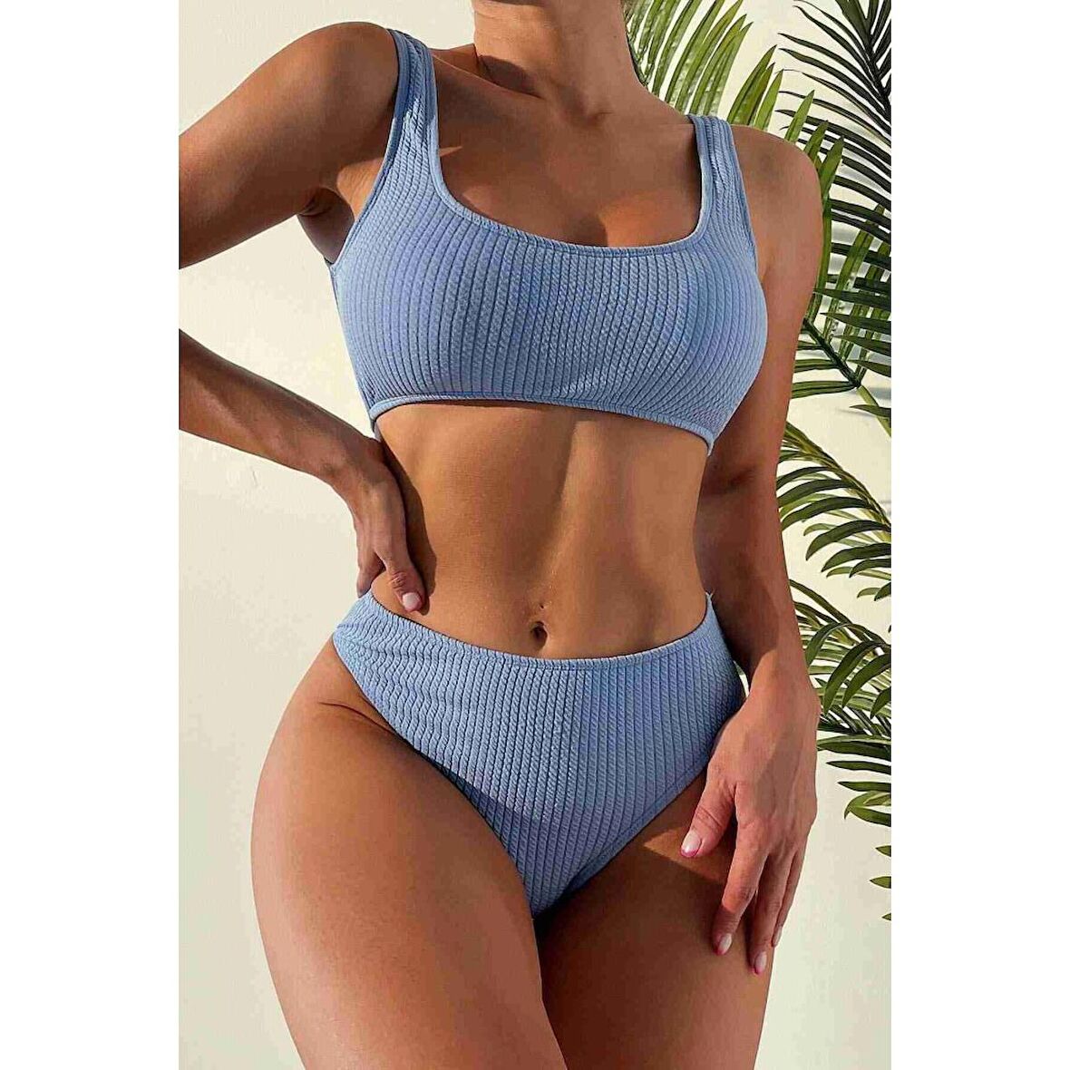 Angelsin Özel Fitilli Kumaş Tankini Bikini Üstü Mavi