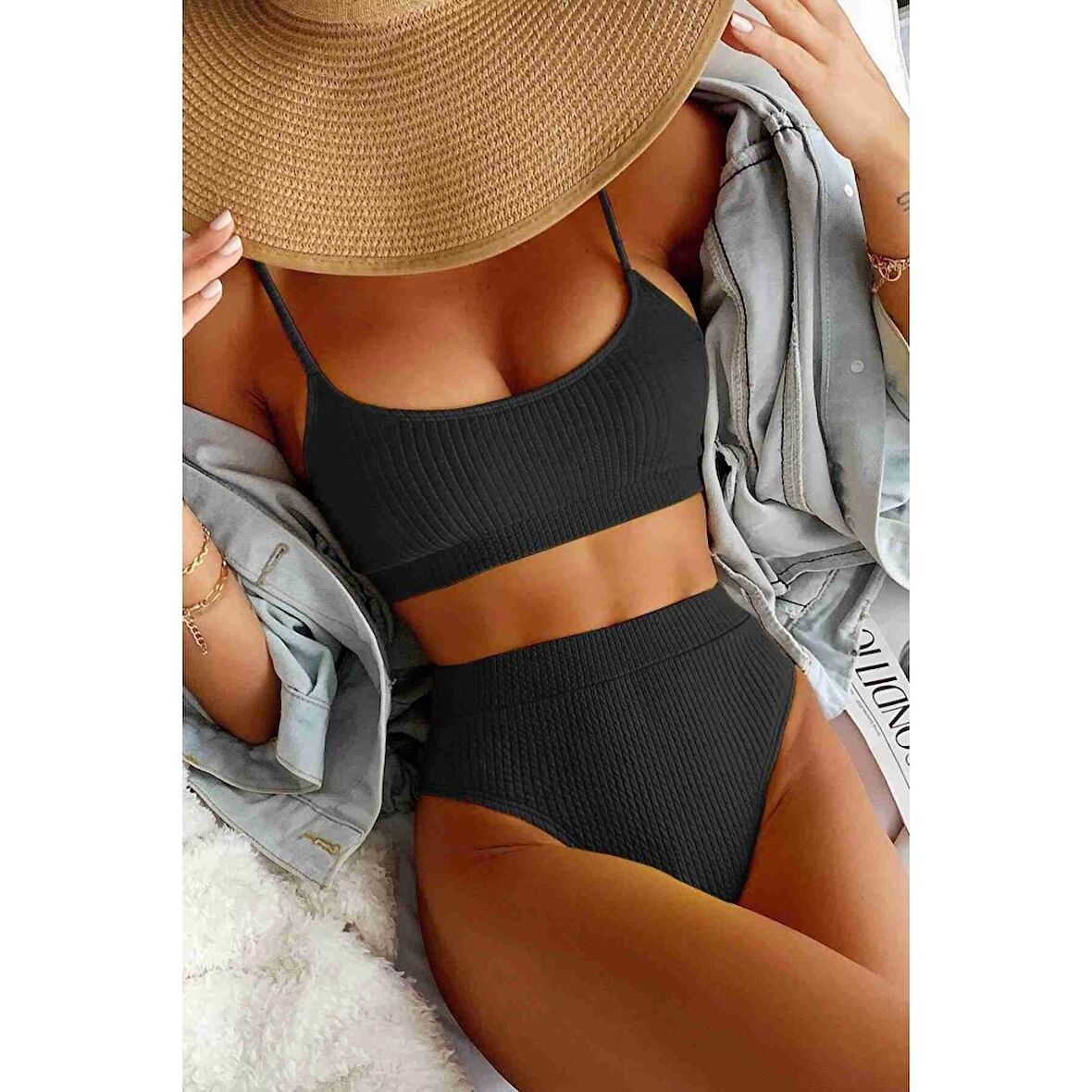 Angelsin Yüksek Bel Özel Kumaş BiKini Altı Siyah