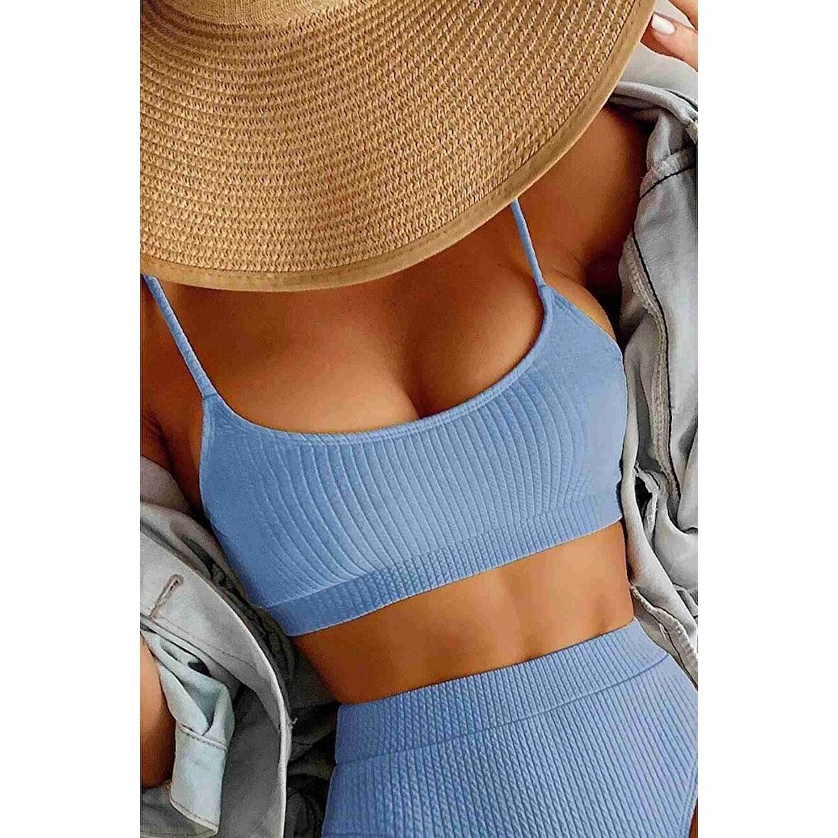 Angelsin Yüksek Bel Özel Kumaş Tankini Bikini Üstü Mavi