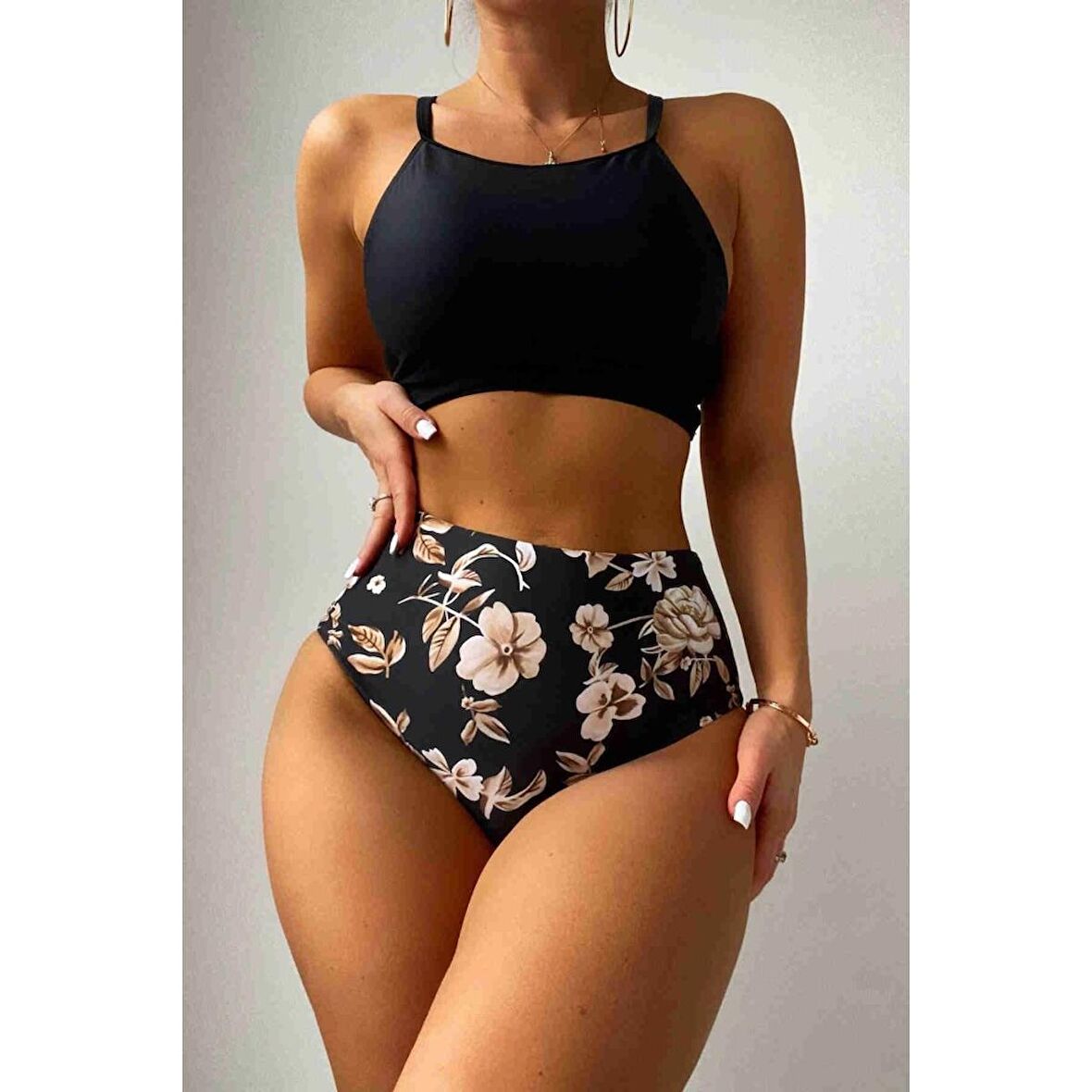 Angelsin Yüksek Bel Baskılı Bikini Altı Siyah