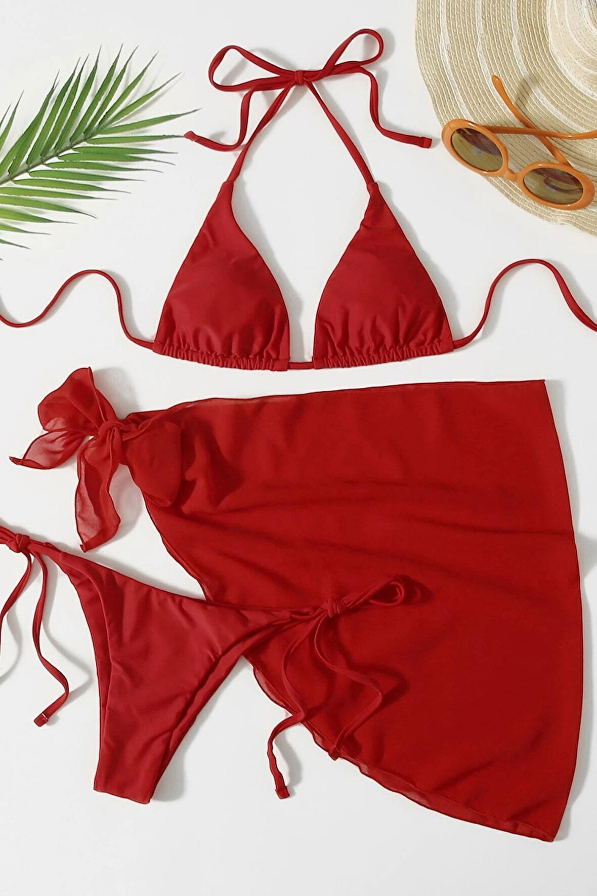 Angelsin Pareolu Bağlamalı 3'lü Bikini Takım Set (Çıkartılabilir Kaplı)