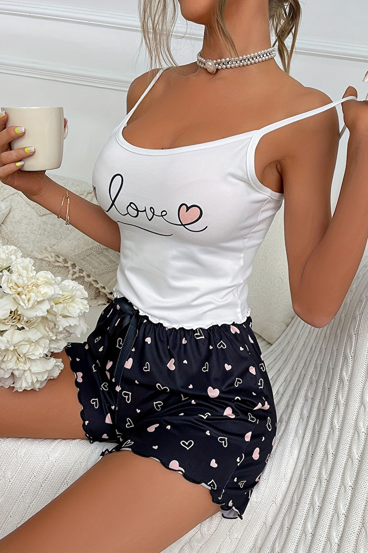 Merry See Love Kalp Baskılı Şortlu Pijama Takımı