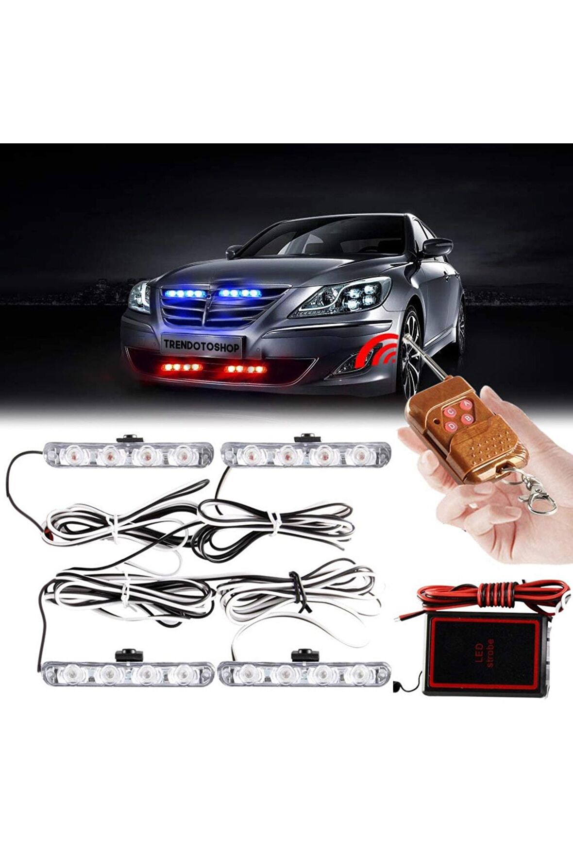 Flaş Led Flaşlı Kırmızı-mavi 12v 16 Led 4x4 F1 Ahşap Kumandalı