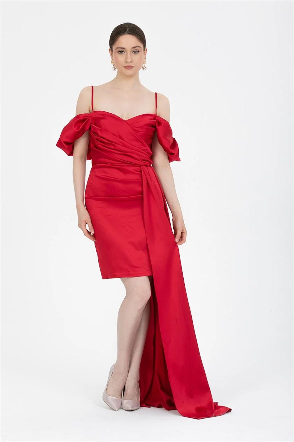 Kırmızı Drapeli Mini Saten Abiye Elbise
