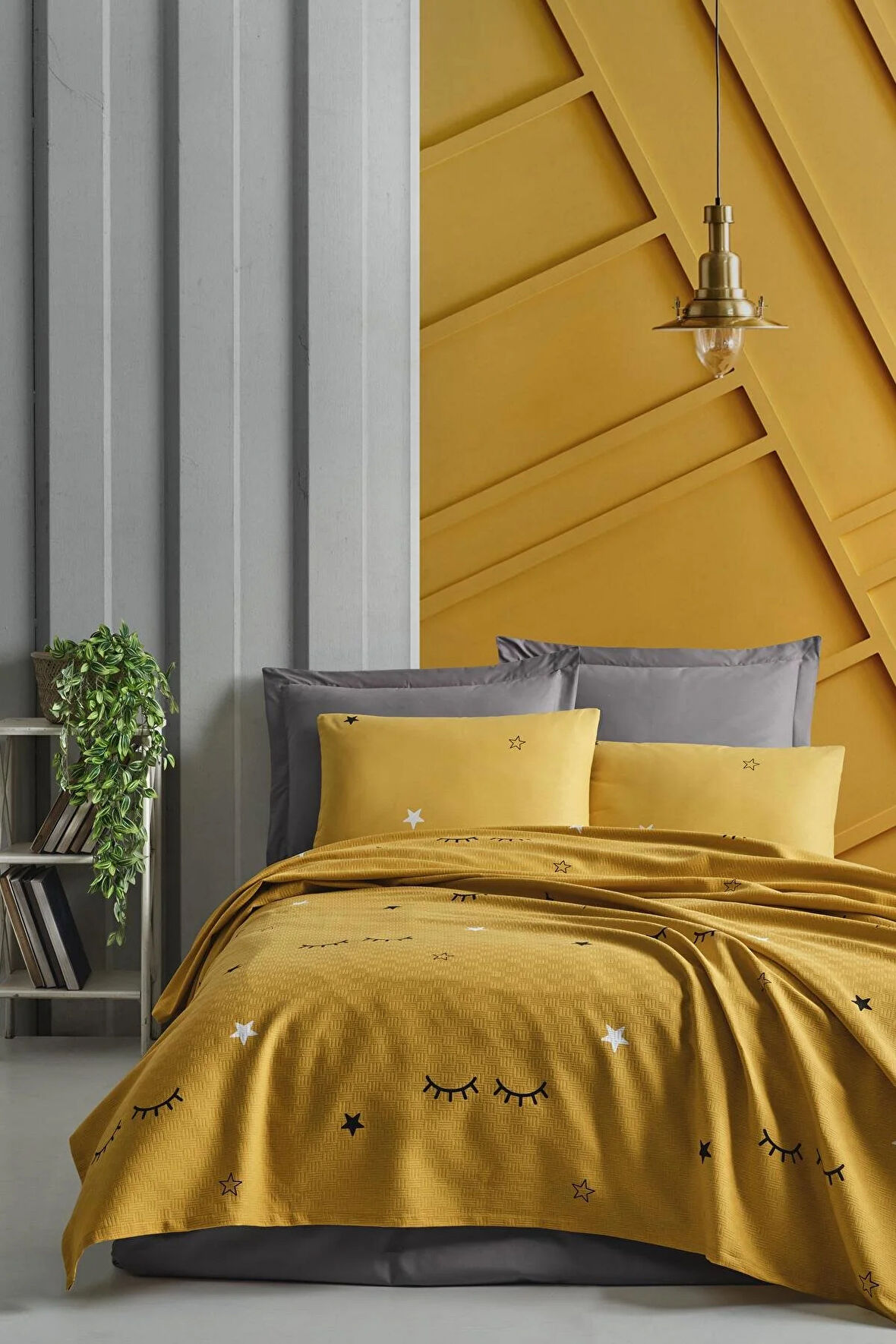 Pike Örtü King Baskılı 240x230cm Dide Sarı