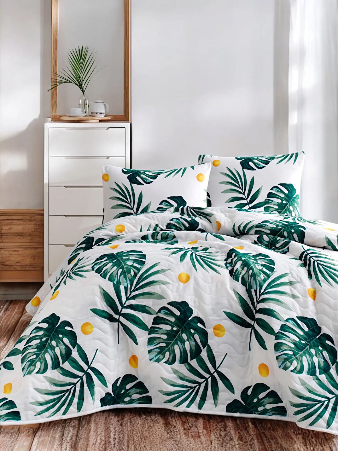 Kapitone Yatak Örtüsü Seti Tek Kişilik Tropica Yeşil