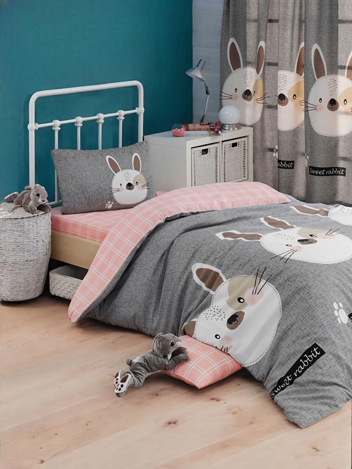 Kolay Ütülenir Nevresim Takımı Tek Kişilik Bunny A.Kahve-Gri-Pembe