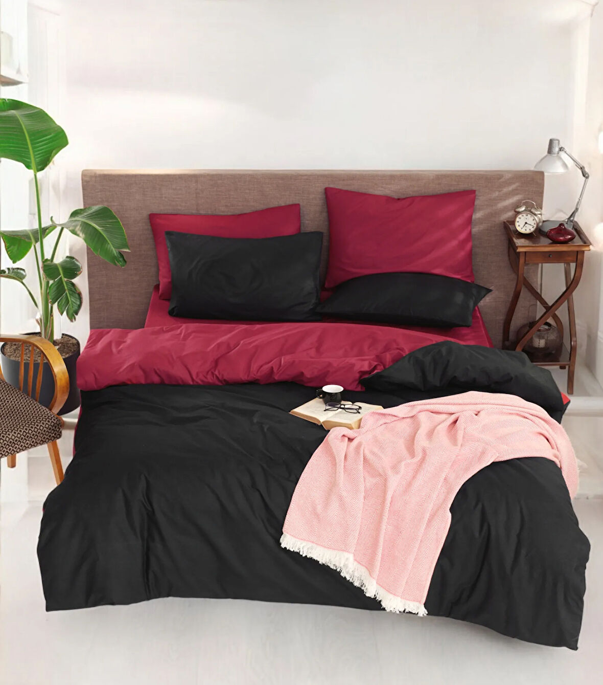 DUO Nevresim Takımı Çift Kişilik Dual Siyah+Bordo