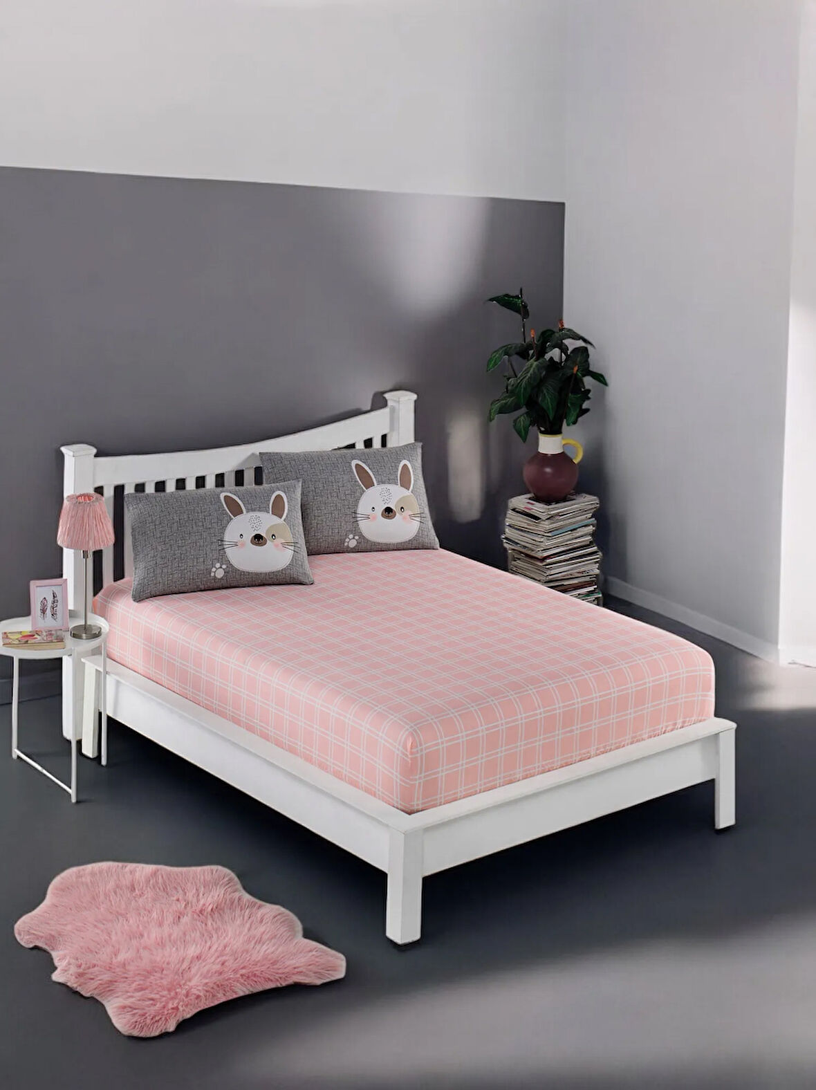 Pes Lastikli Çarşaf Seti Tek Kişilik Bunny A.Kahve-Gri-Pembe