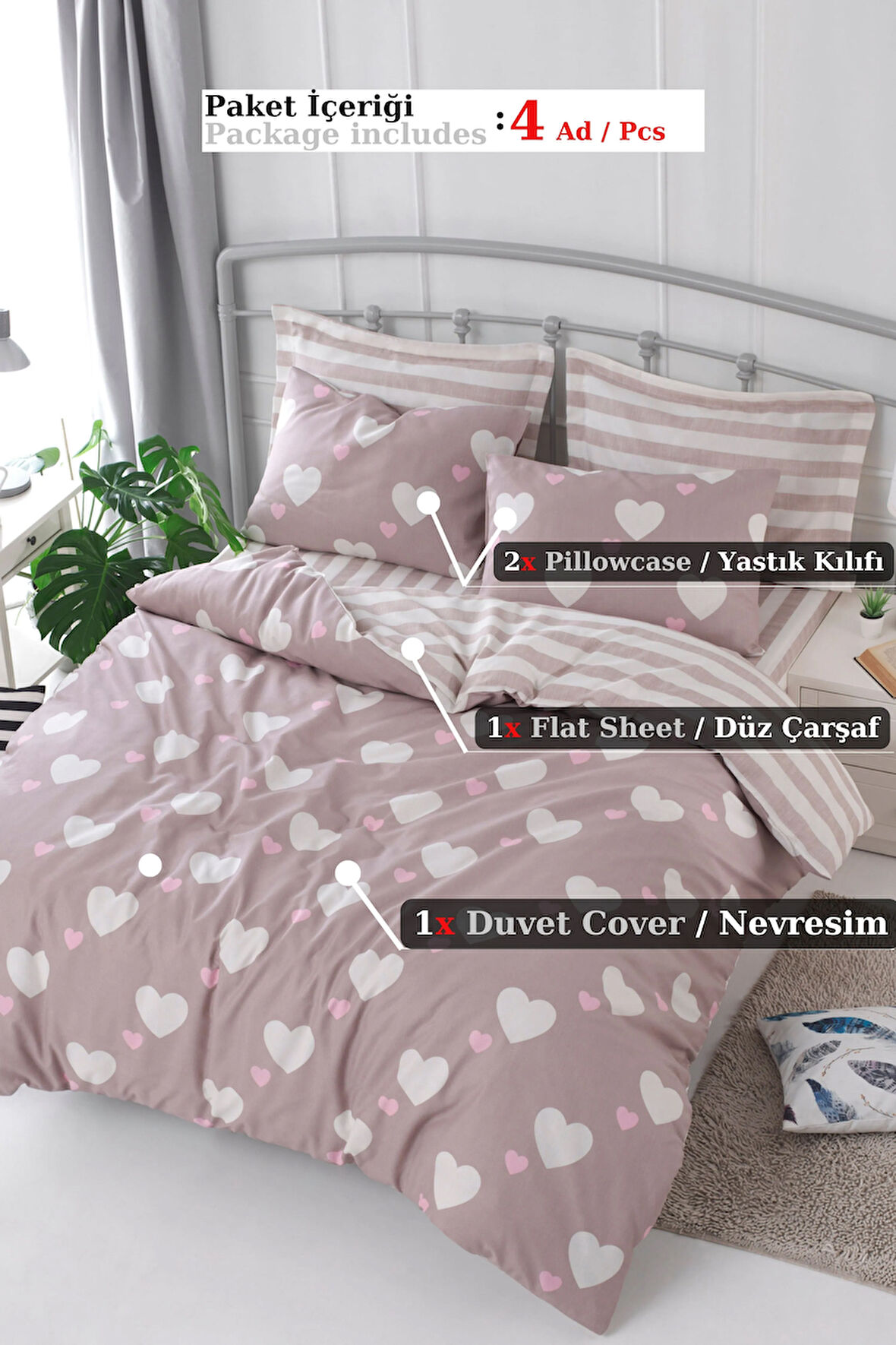 Kolay Ütülenir Nevresim Takımı Çift Kişilik Heartly Gülkurusu